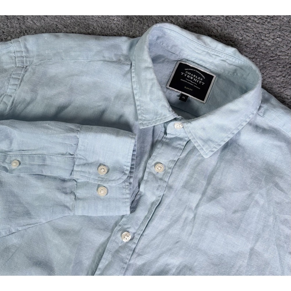Charles Tyrwhitt 100% Linen Shirt Mens XL Slim Fit Long Sleeve Button Up Blue